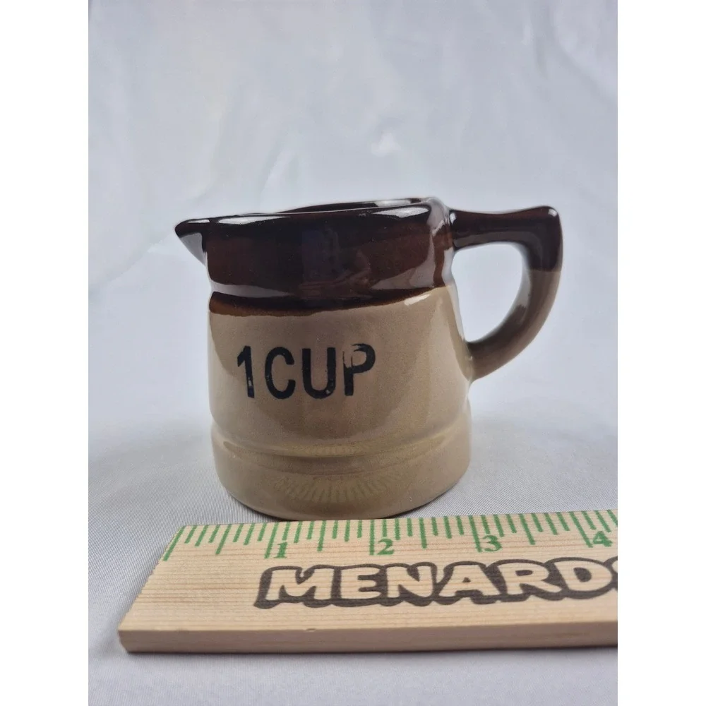 Vintage Stoneware Measuring Cup Set 1 Cup & 1/4 Cup Brown Tan Ceramic Pitchers